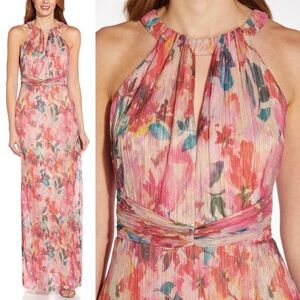 Adrianna Papell Floral Metallic Pleated Halter Gown NWT Size 18